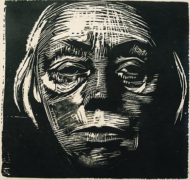 Käthe Kollwitz: Selbstbildnis von vorn, 1922/23, Holzschnitt, Schenkung von Dr. William Faller an das Käthe Kollwitz Haus Moritzburg