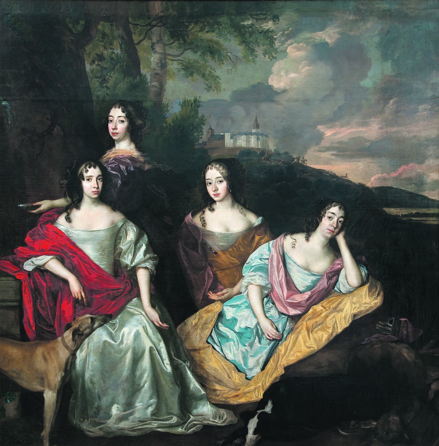Die vier oranischen Prinzessinnen (von links nach rechts): Lousie Henriette Kurfürstin von Brandenburg (1627–1667), Maria Pfalzgräfin von Simmern (1642 bis 1688), Henriette Catharina Fürstin von Anhalt-Dessau (1637–1708), Albertine Agnes Fürstin von Nassau-Diez (1634–1669)
