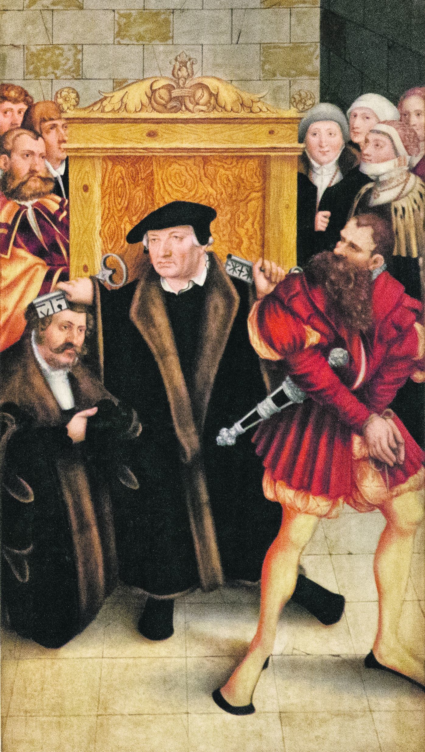 Beichtszene vom rechten Flügel des von Lucas Cranach d. Ä. und seinem Sohn gemalten Reformationsaltars (1547/1548). Im Mittelpunkt steht der erste Pfarrer der Wittenberger Stadtkirche, Luthers Freund und Beichtvater Johannes Bugen-
hagen, der zwei Männern die Beichte abnimmt. Das kleine Foto zeigt evangelische Beichtstühle im Chor der Stadtkirche, die heute als Lagerraum für Paramente dienen.