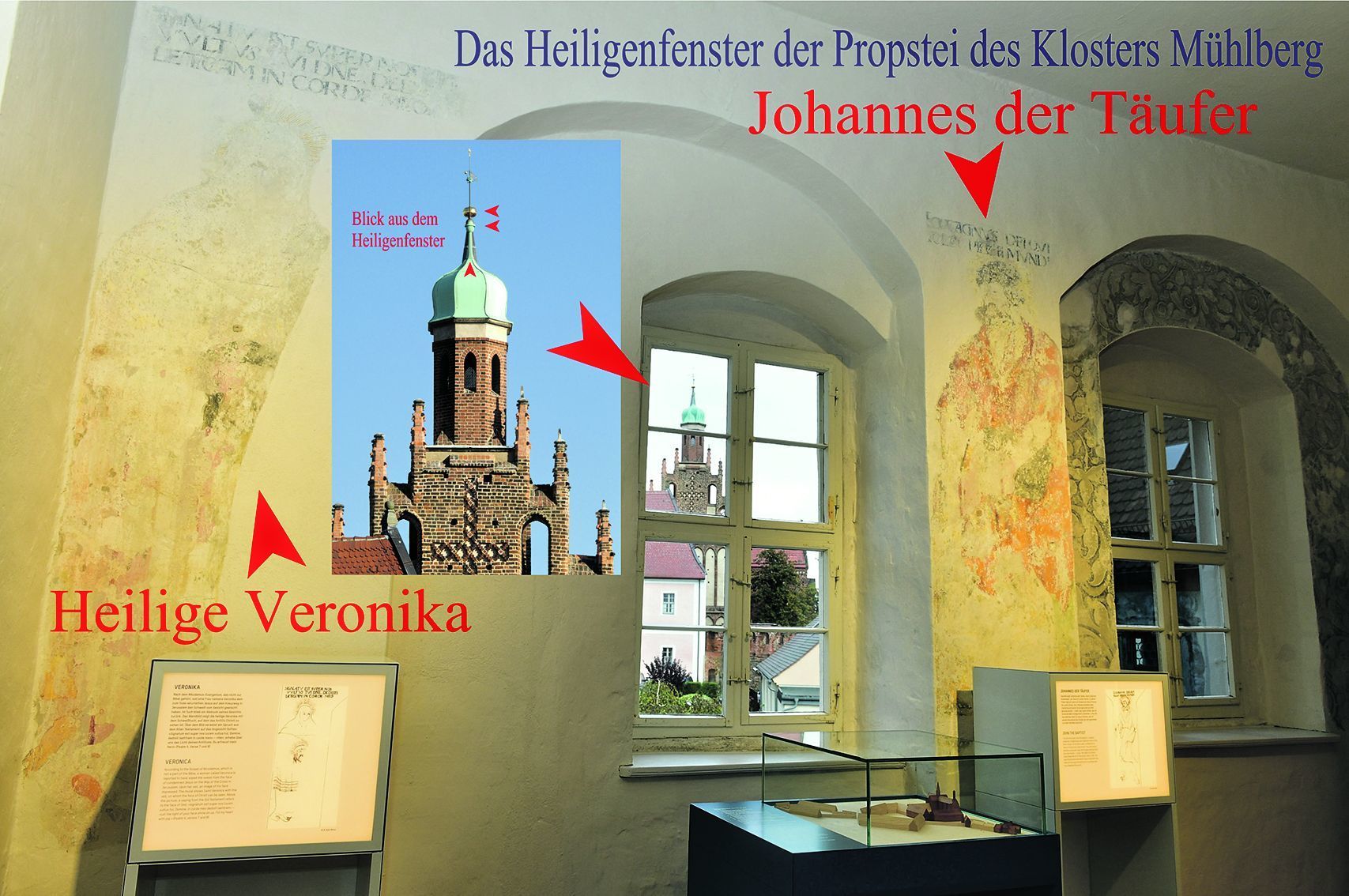Blick auf das Heiligenfenster mit der Heiligen Veronika (links) und Johannes dem Täufer (rechts)