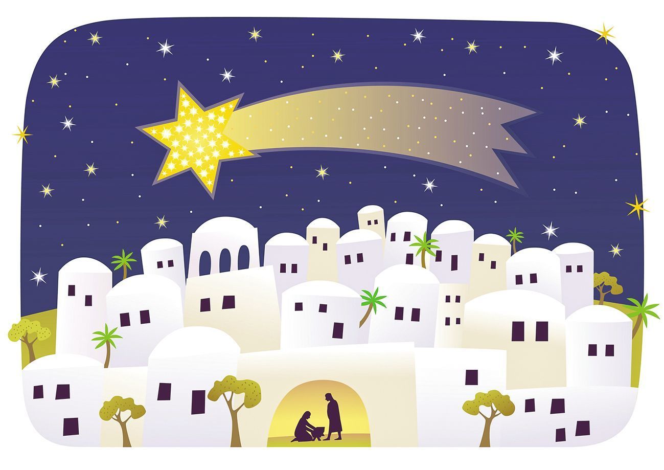 Künstlerische Darstellungen der Geburt Jesu zeigen den Stern von Bethlehem mit leuchtendem Schweif.