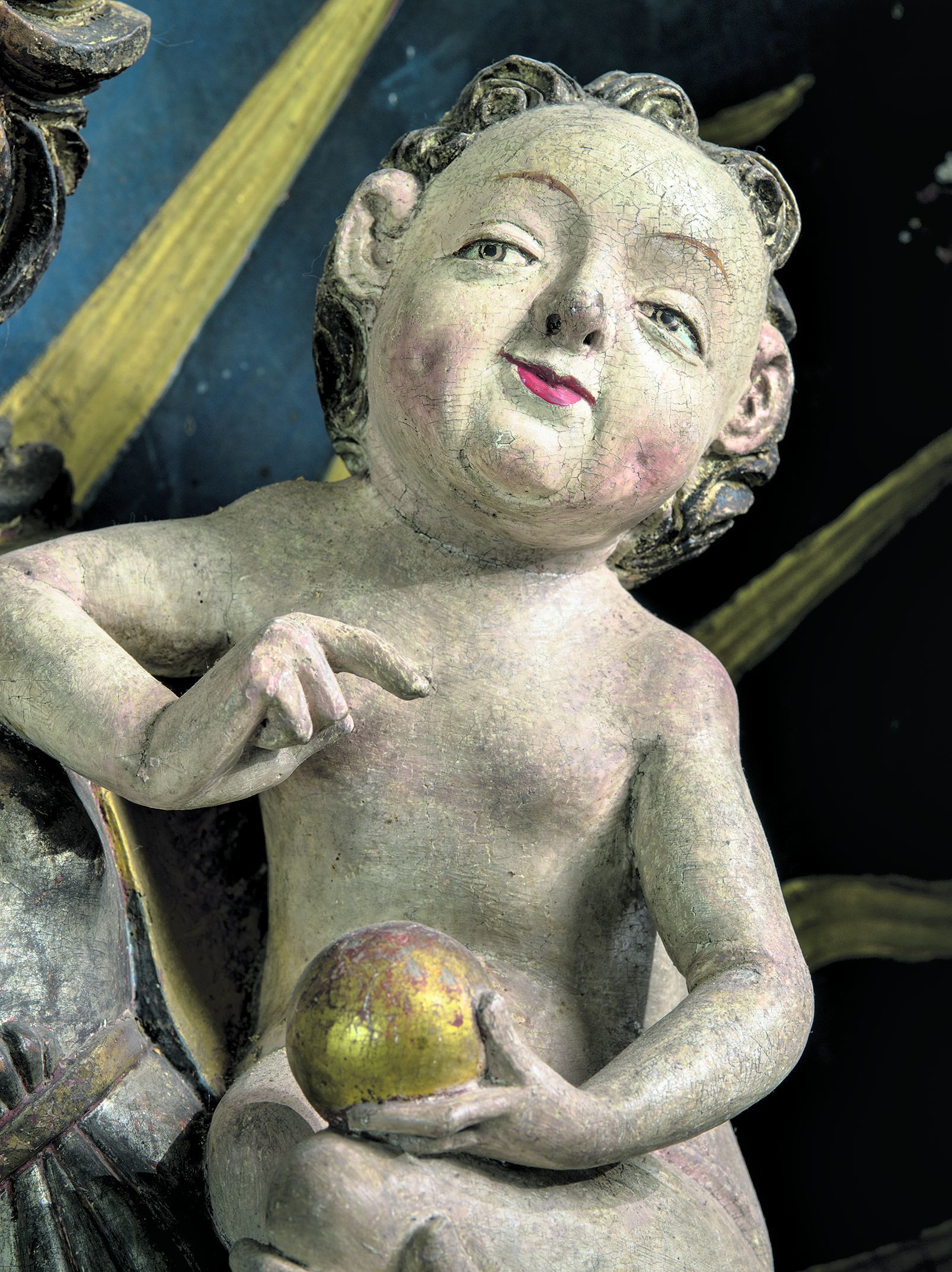 Altarretabel Kirche St. Jakobus, Rottenbach,
Saalfelder Werkstatt 1498, Detail Christuskind (Evangelische Kirchengemeinde Königsee-Rottenbach, Kirchenkreis Rudolstadt-Saalfeld)