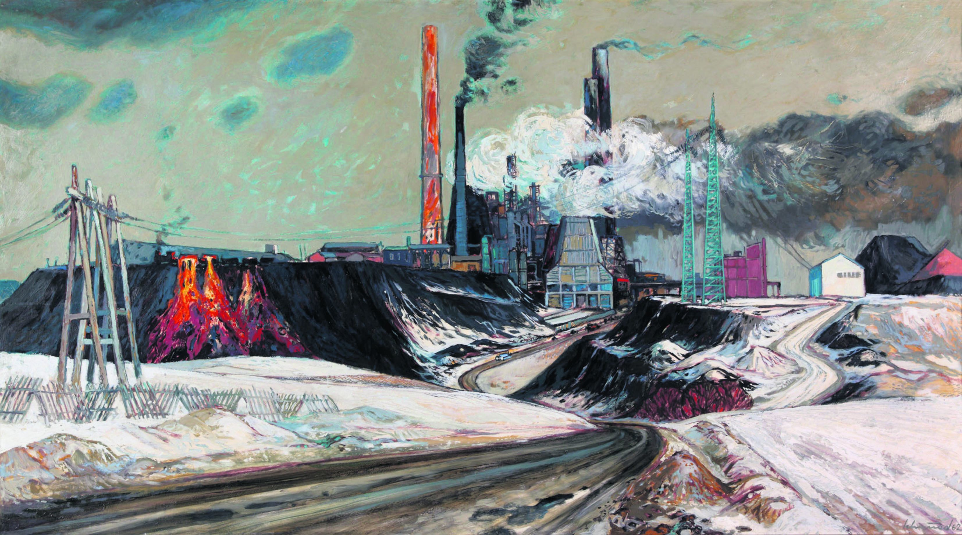 Industrialisierung in Mitteldeutschland: »August-Bebel-Hütte/Mansfelderlandschaft 1962« lautet der Titel des monumentalen Ölgemäldes des Sangerhäuser Malers Wilhelm Schmied (1910–1984).
