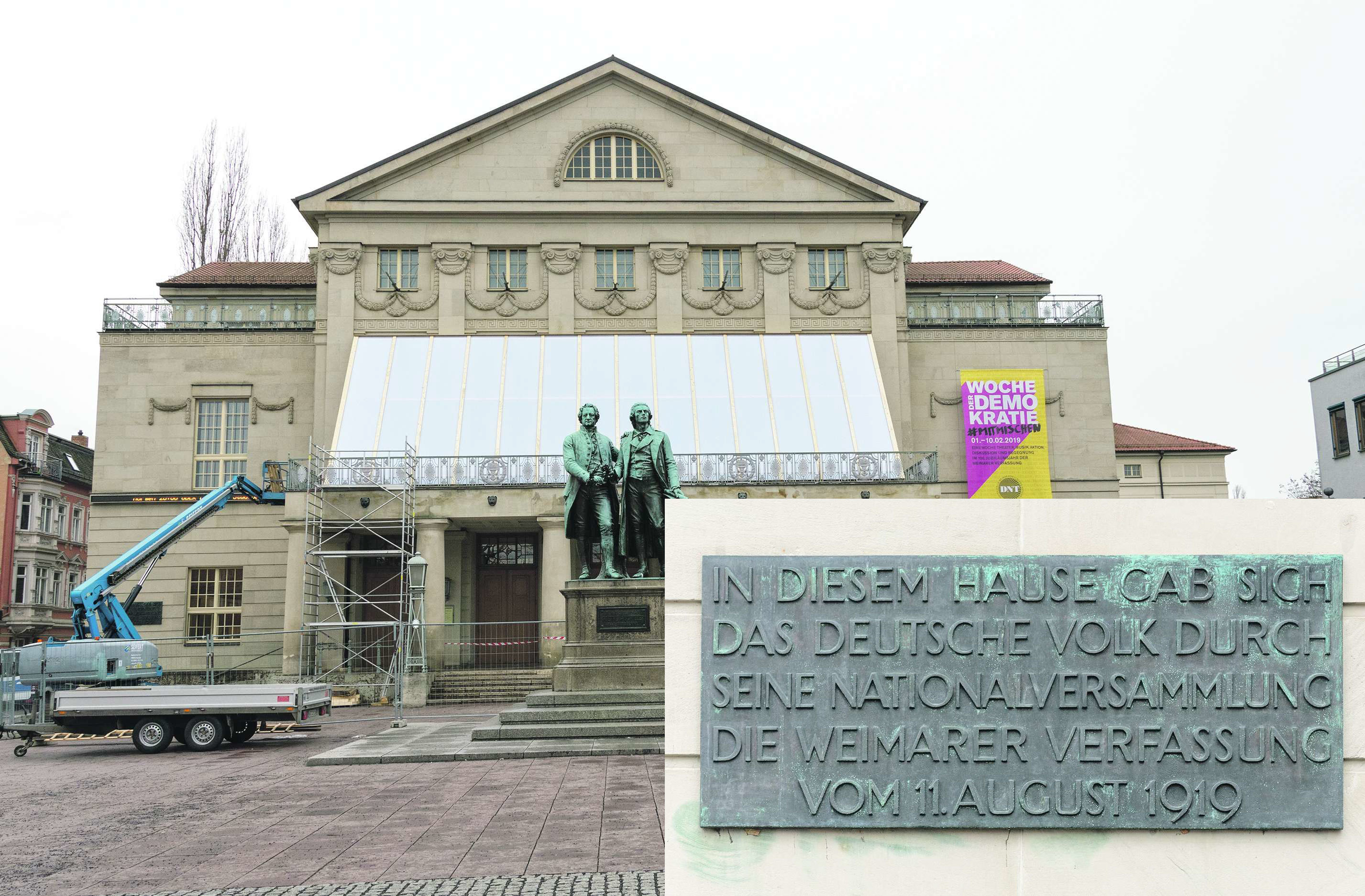 Deutsches Nationaltheater Weimar: Hier tagte die Nationalversammlung vom 6. Februar bis zum 11. August 1919. Während der »Woche der Demokratie« vom 1. bis 10. Februar wird das Theater zum Ort der Begegnung. Auf dem Balkon (Foto) entsteht das »Treibhaus Demokratie«.