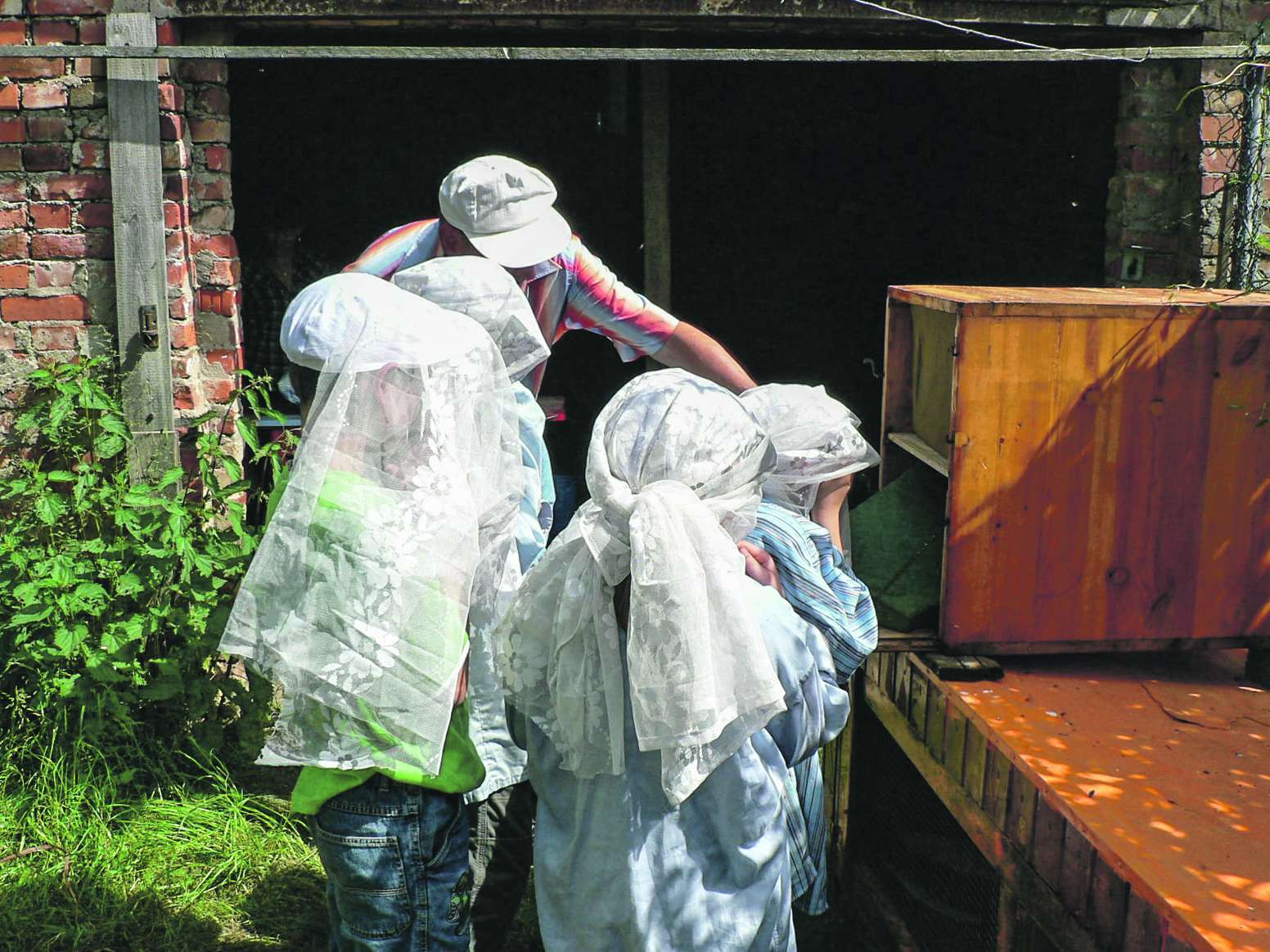 Verschleiert: Behutsam und gut geschützt nähern sich einige der Bernburger »Bienenkinder« dem Magazinbeute genannten Bienenhaus. Die Imker-Arbeitsgemeinschaft am Martinszentrum gibt es seit 2008.