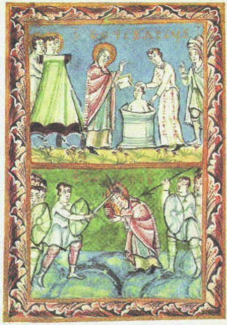 Er trug das Wort »Ostern« nach Deutschland: der Missionar Bonifatius (oben: Heidentaufe, unten: Märtyrertod).  | Foto: wikipedia.org/Staatsbibliothek Bamberg