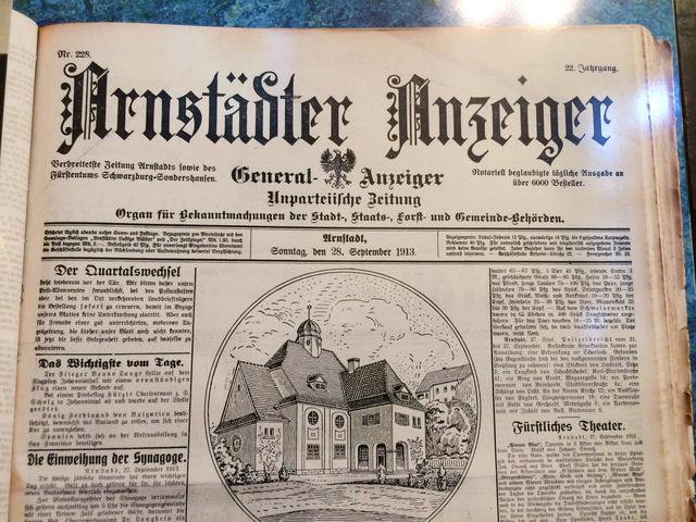 Die Ausgabe des "Arnstädter Anzeiger" vom 28. September 1913 berichtet ausführlich über die Einweihung der Synagoge in Arnstadt. 