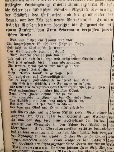 Die Freude der Festgemeinde über die Synagoge war groß, was sich auch in diesem poetischen Gruß ausdrückt.
Mit 19 jüdischen Familien ist man noch in Kontakt, unter anderem auch mit der Familie Ledermann..