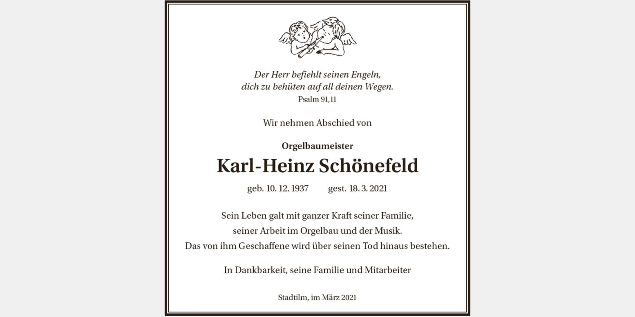 Traueranzeige KarlHeinz Schönefeld Orgelbaumeister