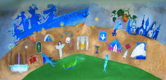 Gemeinsam mit Konfirmanden und dem damaligen Pfarrer Dietrich Bungeroth hat der Baukünstler, Architekt und Maler Dieter Bankert dieses Wandbild zur Jona-Geschichte geschaffen. Es zierte die Südwand der Auferstehungskirche, bevor die Glaswand eingesetzt wurde.  | Foto: Dieter Bankert