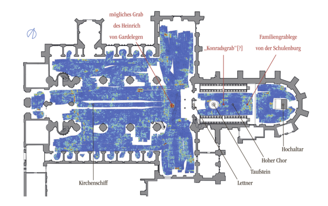 Bei der Untersuchung entstand diese Grafik vom Fußbodenbereich des Doms, die auf die Grabstellen weist. | Foto: Grafik: RoggeDesign