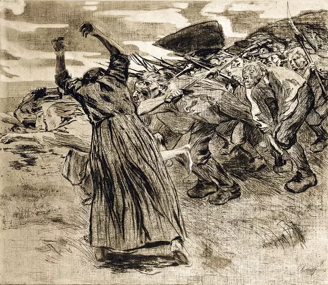 Losbruch: Die Radierung (1903) von Käthe Kollwitz zeigt Margarete Renner, eine der bekanntesten Frauen im Bauernkrieg.  | Foto: epd-bild