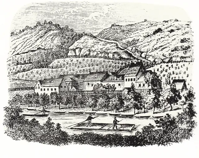 Von einem unbekannten Künstler stammt diese wahrscheinlich 1844 gefertigte Lithographie, die Flößer vor den Saalhäusern in Bad Kösen zeigt. | Foto: Lutz Toepfer