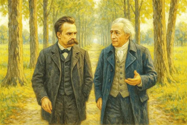 Nietzsche mit Goethe, wandernd unter Pappeln einer Allee im Elysium - und im Gespräch über Marcel Reich-Ranicki