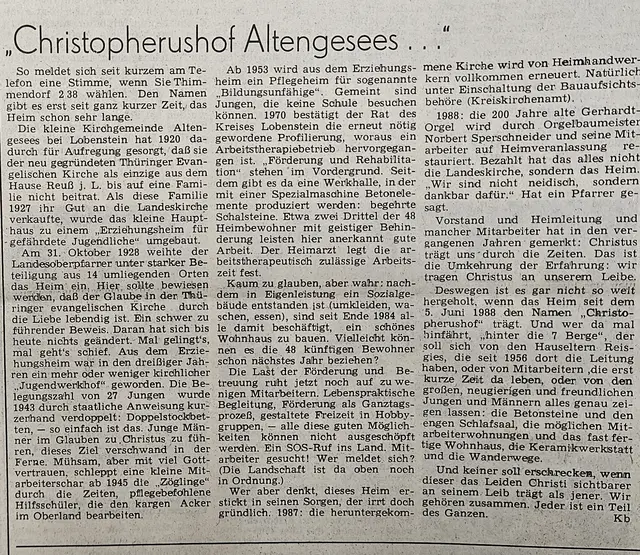 In der Ausgabe vom 10. Juli 1988 berichtete Pfarrer Friedhelm Kalkbrenner über die Geschichte des Christopherushof, die Anstrengungen, die man hier mit Blick auf die "anempfohlenen" Menschen unternahm und sandte einen "SOS-Ruf ins Land". | Foto: Ramona Schurig