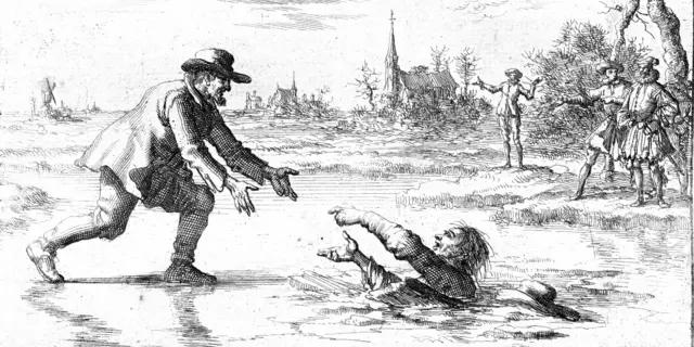 Illustration v. Jan Luyken im Märtyrerspiegel (1660): "Dirk Willems rettet seinen Verfolger". Willems ist ein wegen seiner Selbstlosigkeit bekannter täuferischer Märtyrer aus dem 16. Jh. | Foto: Bild: Wikimedia Commons