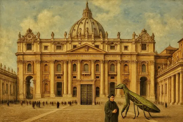 Der protestantische Theologe Doktor Martin Luther im Gespräch mit einer Gottesanbeterin vor dem Hintergrund des Petersdoms, dessen Tür so aussieht, als wäre es die Thesen-Tür der Schlosskirche Allerheiligen zu Wittenberg. (Bild Erstellung durch ChatGPT 5).