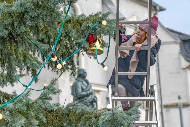 Marla schmückt den Tannenbaum auf dem Herderplatz in Weimar.  | Foto:  Maik Schuck
