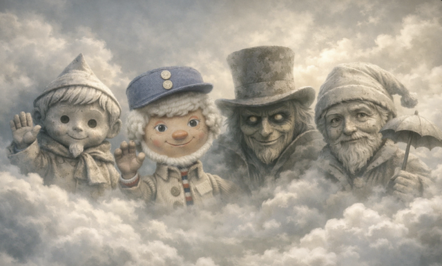 vier Sandmänner (von l.n.r.: DDR, BRD, E.T.A.Hoffmann, H.Chr. Andersen)