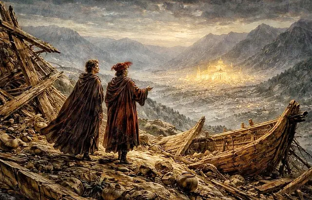 (v.l.n.r) Faust und Mephisto reden über den Antichristen - auf dem Berge Ararat stehend und in Richtung des kaiserlichen Palastes blickend