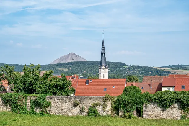 Sangerhausen mit Ulrichkirche und "Hoher Linde": Die Schachthalde zeugt vom Bergbau in der Stadt. Bis zur Einstellung der Arbeiten im Jahr 1990 wuchs der Kegel auf 13 Hektar an – eine Fläche vergleichbar mit der Größe des Rosariums. Heute werden geführte Haldenbesteigungen angeboten. | Foto: stock.adobe.com/Andreas Voelkel
