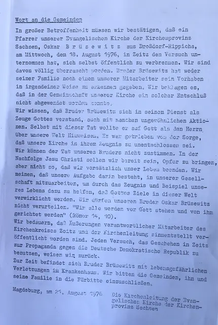 "Wort an die Gemeinden" der Kirchenleitung der Evangelischen Kirche der Kirchenprovinz Sachsen vom 21. August 1976. | Foto: Landesarchiv der Evangelischen Kirche in Mitteldeutschland / Foto: Thomas Nawrath