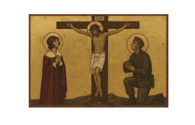 Hauptmann und Soubrette unter dem Kreuz Christi