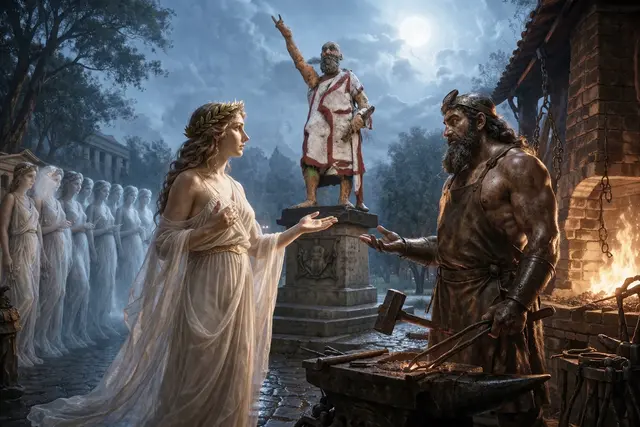 die Muse Thalia (Komödie) mit dem Gott Herrn Phaistos (Hephaistos) im Gespräch über die Statue des Herzogs Georg II. von Sachsen-Meiningen