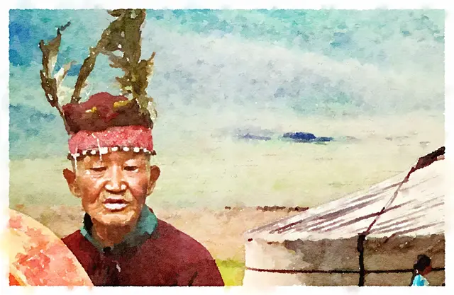 Schamane mit Trommel vor seiner Jurte (Tuwa)