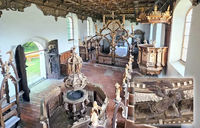 Holzschnitzkunst mit ausgefeilter Mechanik seit 1620: Wird in der Pfarrkirche von Osterwohle der Deckel des Taufbeckens angehoben, sinkt zugleich der Engel (kleines Bild) in Richtung Altar. | Foto: Thomas Nawrath
