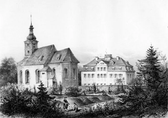 Kirche und Herrenhaus des unteren Ritterguts um 1850 | Foto: Album der Rittergüter und Schlösser des Königreichs Sachsen. Leipzig 1856, gemeinfrei, https://commons.wikimedia.org/w/index.php?curid=3997826
