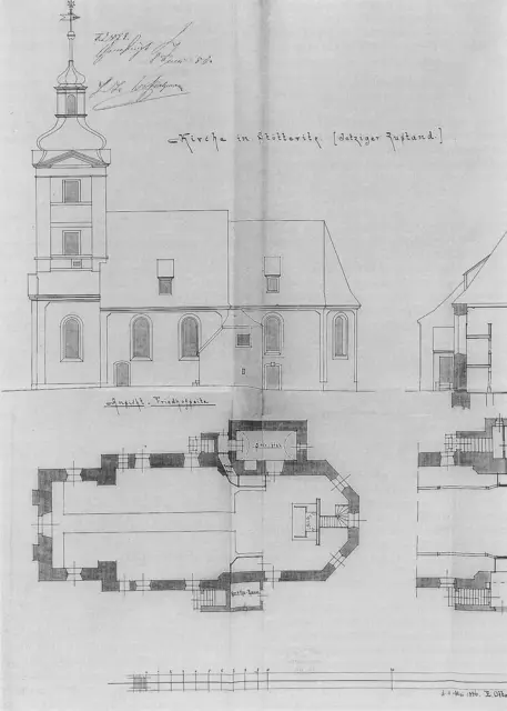 Bauzeichnung vor Umgestaltung 1886 | Foto: Die Bau- und Kunstdenkmäler von Sachsen. Stadt Leipzig. Die Sakralbauten. München 1995. ISBN 3-422-00568-4., Gemeinfrei, https://commons.wikimedia.org/w/index.php?curid=4003837