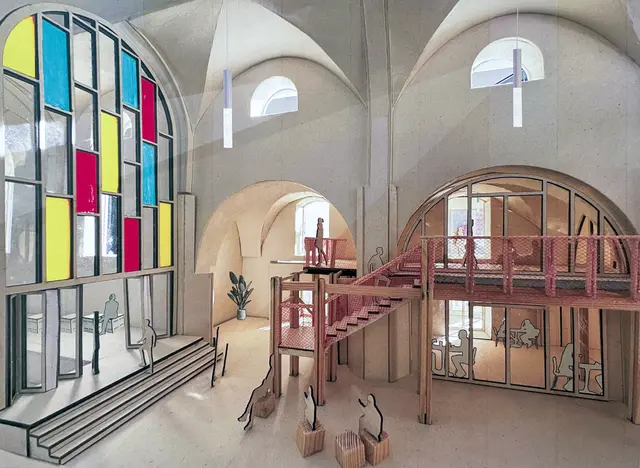 Kirche als Multifunktionsraum für Jugendliche: In der Erfurter Michaeliskirche sind derzeit sechs Vorschläge für die Umnutzung der sogenannten Schottenkirche in einer Ausstellung zu sehen.   | Foto: Angelika Reiser-Fischer