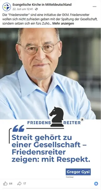 Gregor Gysi (Linke) wirbt für die EKM-Friedensreiter auf Facebook. | Foto: Screenshot: Facebook EKM