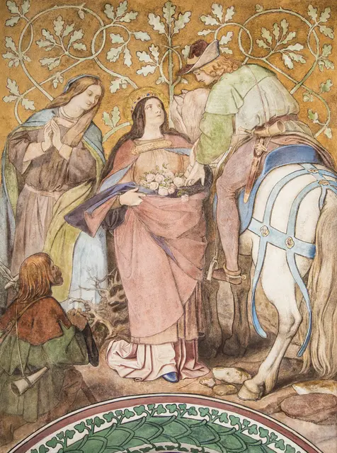 Rosenwunder: Elisabeth von Thüringen, so besagt es die Legende, soll heimlich Brot zu den Armen gebracht haben. Als sie von ihrem Mann, Landgraf Ludwig, ertappt wird, verwandelt sich das Brot in einen Korb voller Rosen. Zu sehen ist die Szene auf den Fresken Moritz von Schwinds in der Elisabethgalerie auf der Wartburg. | Foto: Wartburg-Stiftung Fotothek/Rainer Salzmann
