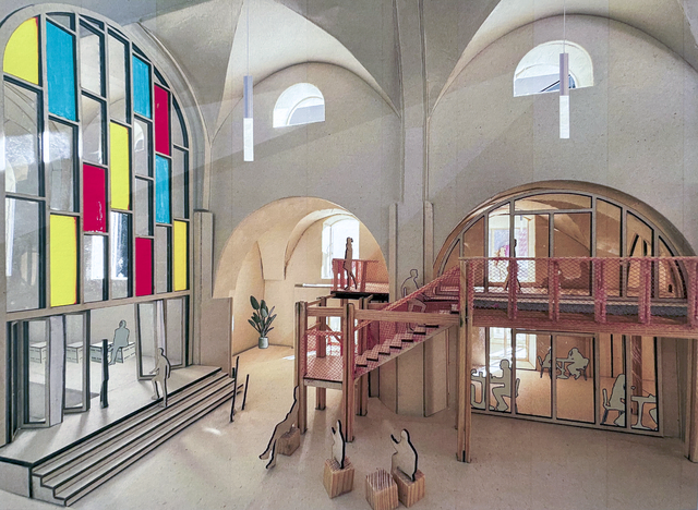 Kirche als Multifunktionsraum für Jugendliche: In der Erfurter Michaeliskirche sind derzeit sechs Vorschläge für die Umnutzung der sogenannten Schottenkirche in einer Ausstellung zu sehen.   | Foto: Angelika Reiser-Fischer