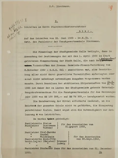 Offizielles Schreiben an den Vorsteher der Stadtverordnetenversammlung von Halle (Saale) vom 24. Juni 1933. In der Folge wurde Benita Koch-Otte und weieren Fachlehrern der Kunstgewerbeschule Burg Giebichenstein gekündigt und ihre Werkstatt geschlossen. | Foto: Thomas Nawrath