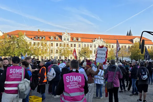Etwa 500 Demonstranten protestierten auf dem Domplatz in Magdeburg vor dem Landtag von Sachsen-Anhalt gegen die Wahl von AfD-Politikern ins Landtagspräsidium. | Foto: Thomas Nawrath